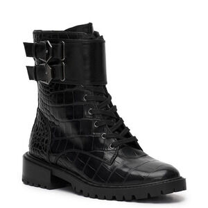 Vince Camuto Fawdry Combat Boots 5 Black NWOT Croc Lace Up Moto Ankle Booties